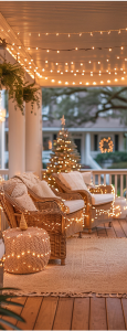 white christmas porch fiary lights tree cozy