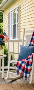 4th july porch blocket and flags on rocking chair